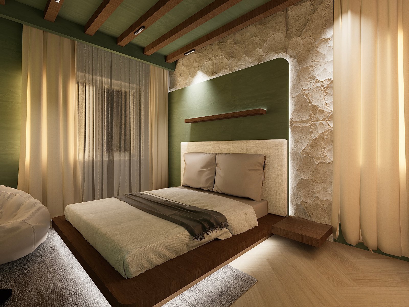 Earthy bedroom with a green feature wall, exposed timber beams and sheer curtains